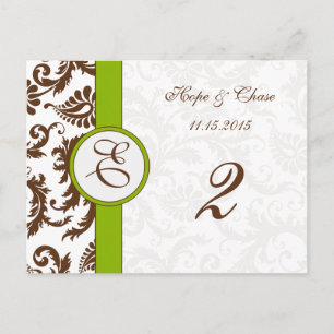 Brown Damask Apple Green Table Number Cards