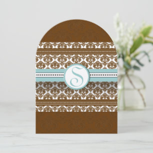 Brown Damask  Aqua Blue Trim Wedding Invitation