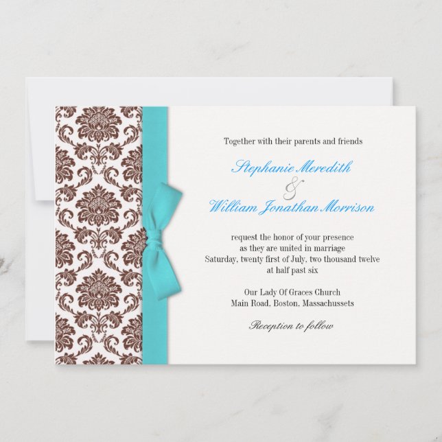 Brown Damask Aqua Bow Wedding Invitation (Front)