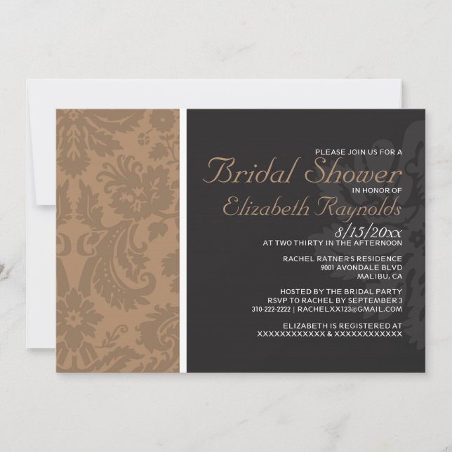 Brown Damask Bridal Shower Invitations (Front)