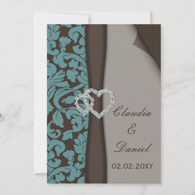 Brown Damask FAUX ribbon diamante design Invitation (Front)