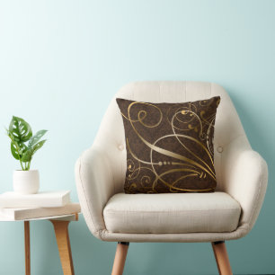 Brown Damask Gold Swirls Flourishes Cushion