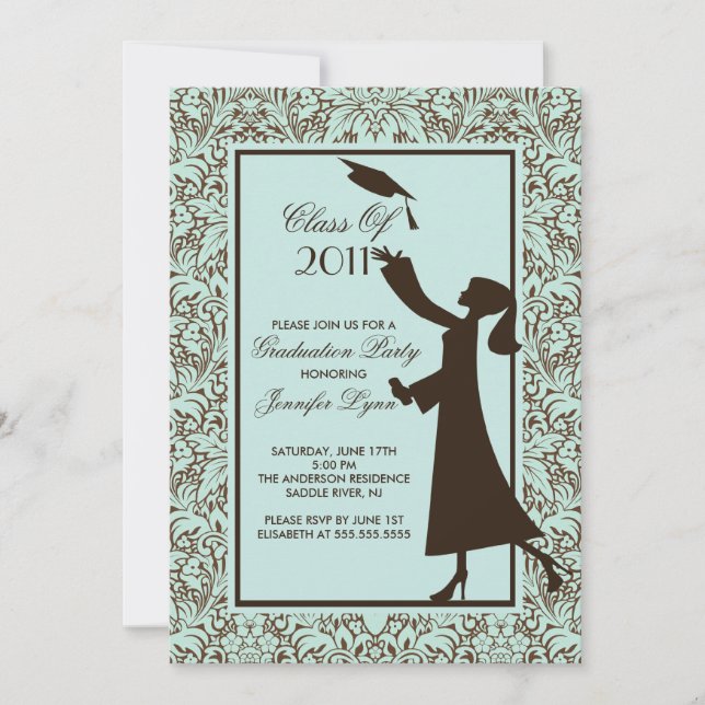 Brown Damask Graduation Invitation Silhouette Grad (Front)