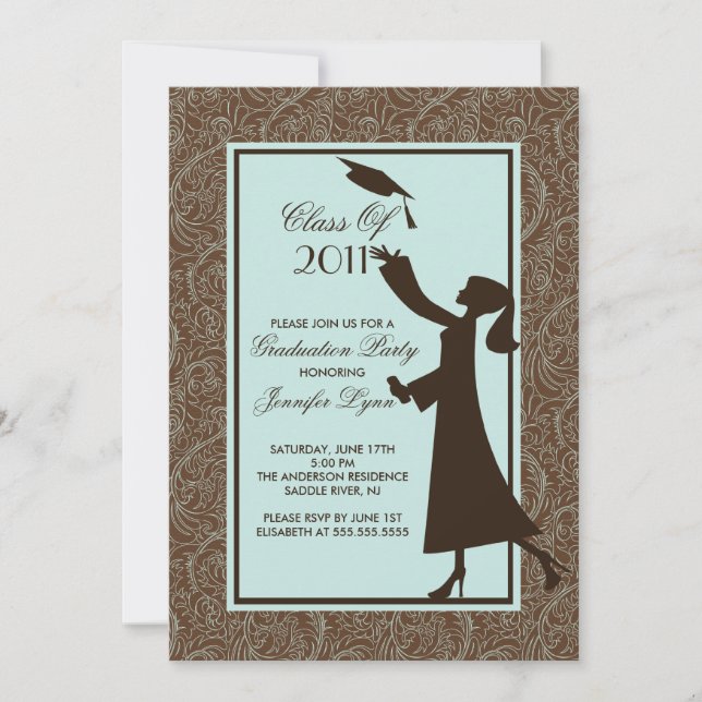 Brown Damask Graduation Invitation Silhouette Grad (Front)