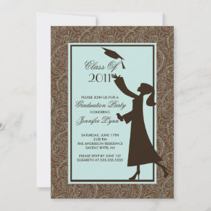 Brown Damask Graduation Invitation Silhouette Grad