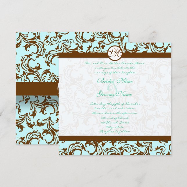 Brown Damask Light Aqua Blue Wedding Invitation (Front/Back)