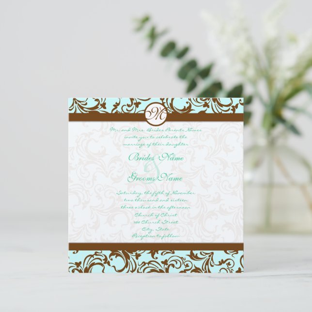 Brown Damask Light Aqua Blue Wedding Invitation (Standing Front)