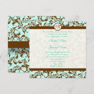 Brown Damask Light Aqua Blue Wedding Invitation