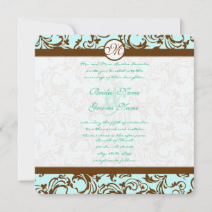 Brown Damask Light Aqua Blue Wedding Invitation