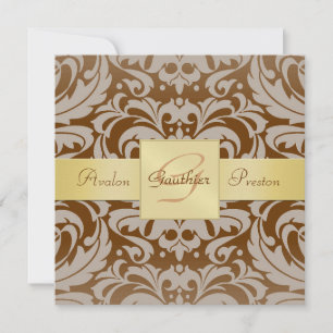 Brown Damask Monogram Gold Ribbon Invitation