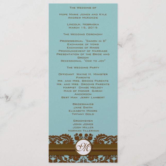Brown Damask Monogram Wedding Program Programme (Front)