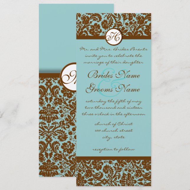 Brown Damask On Aqua Blue Wedding Invitation (Front/Back)