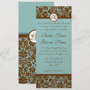 Brown Damask On Aqua Blue Wedding Invitation