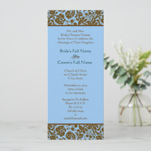 Brown Damask On Aqua Blue Wedding Invitation
