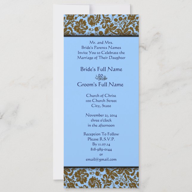 Brown Damask On Aqua Blue Wedding Invitation (Front)
