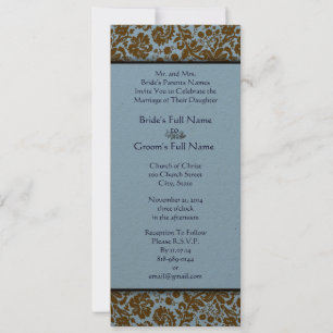Brown Damask On Aqua Blue Wedding Invitation