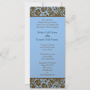 Brown Damask On Aqua Blue Wedding Invitation