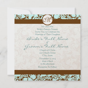 Brown Damask on Aqua Blue Wedding Invitation