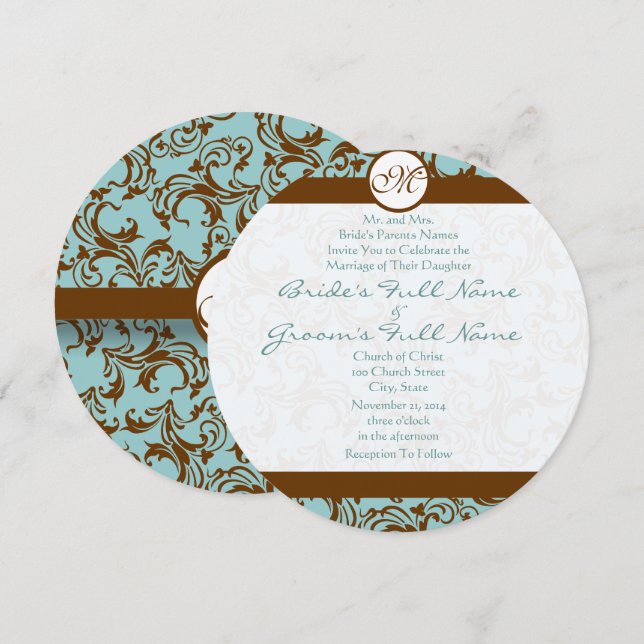 Brown Damask on Aqua Wedding Invitation (Front/Back)