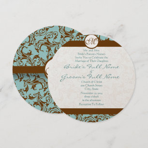 Brown Damask on Aqua Wedding Invitation