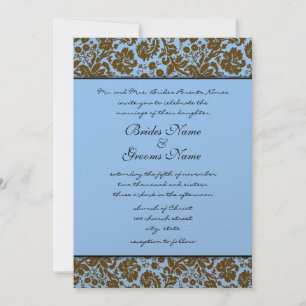 Brown Damask On Blue Wedding Invitation