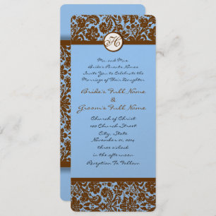Brown Damask On Blue Wedding Invitation