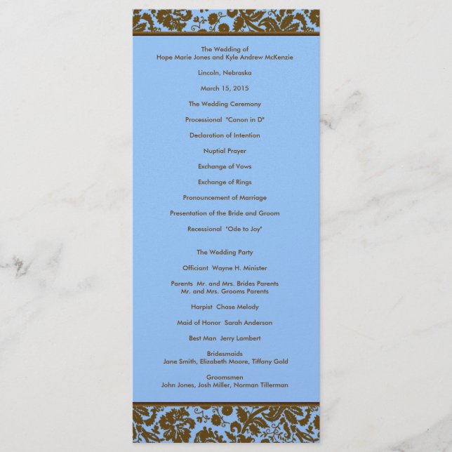 Brown Damask On Blue Wedding Program Programme (Front)