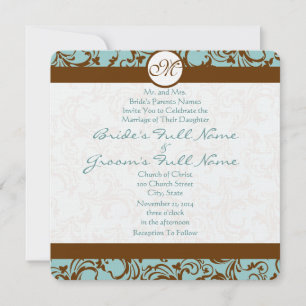 Brown Damask on Deep Aqua Wedding Invitation