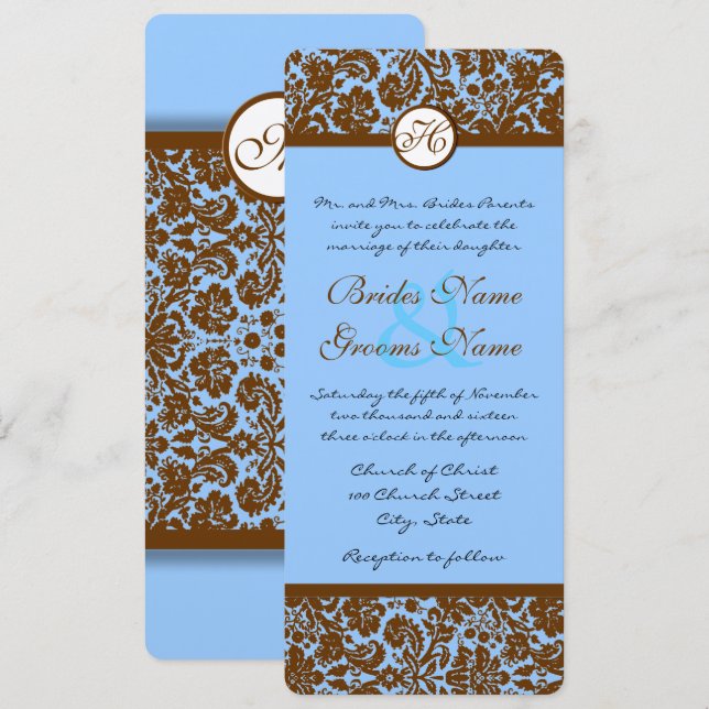 Brown Damask On Powder Blue Wedding Invitation (Front/Back)