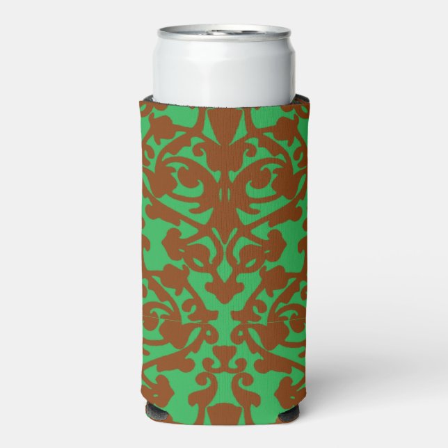 Brown damask pattern green seltzer can cooler (Seltzer Front)