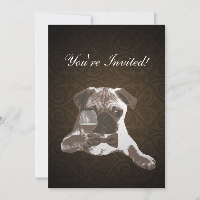 Brown Damask Pug & Fine WIne Birthday Invitation (Front)
