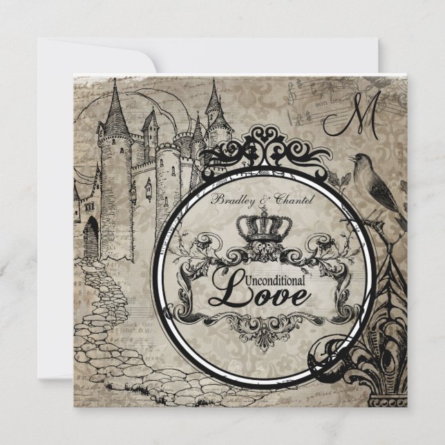 Brown Damask Unconditional Love Wedding Invite (Front)