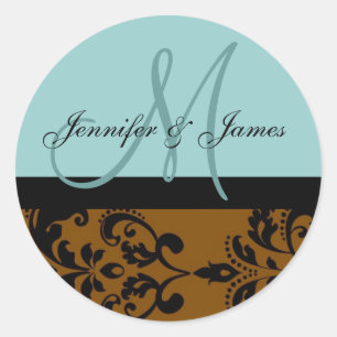 Brown Damask Wedding Blue Monogram Seal
