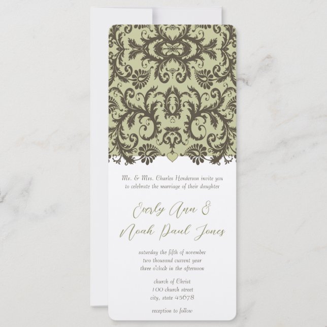 Brown Damask Wedding Invitation (Front)
