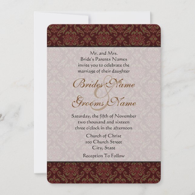 Brown Damask Wedding Invitation (Front)