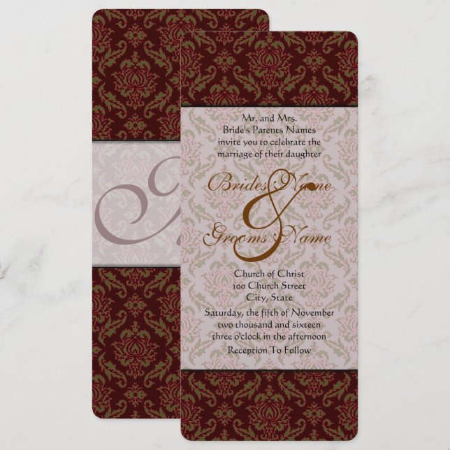 Brown Damask Wedding Invitation (Front/Back)