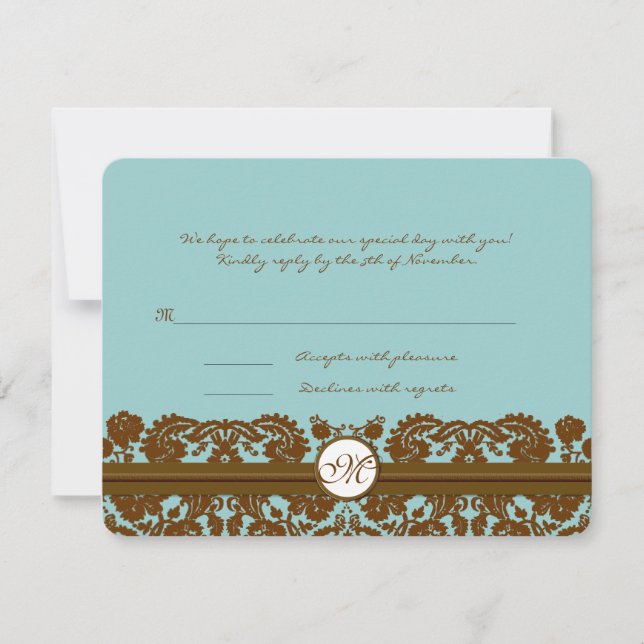 Brown Damask Wedding Monogram Response Card (Front)