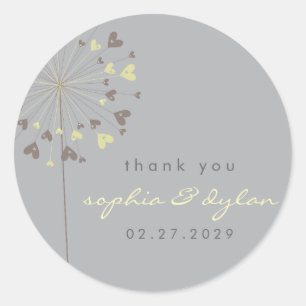 Brown Dandelion Flower Love Hearts Wedding Party Classic Round Sticker