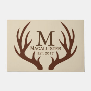 Brown Deer Buck Antlers & Taupe Family Name Doormat