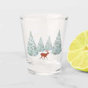 Brown Deer & Snowy Spruce Trees   Shot Glass