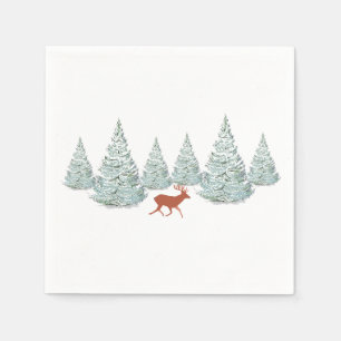 Brown Deer under Snow Covered Spruce Trees   Napkin