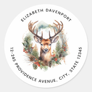 Brown Deer with Antlers Rustic Christmas Address Classic Round Sticker