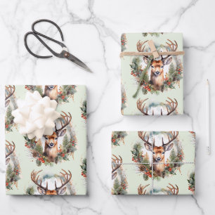 Brown Deer with Antlers Rustic Christmas Pattern Wrapping Paper Sheet