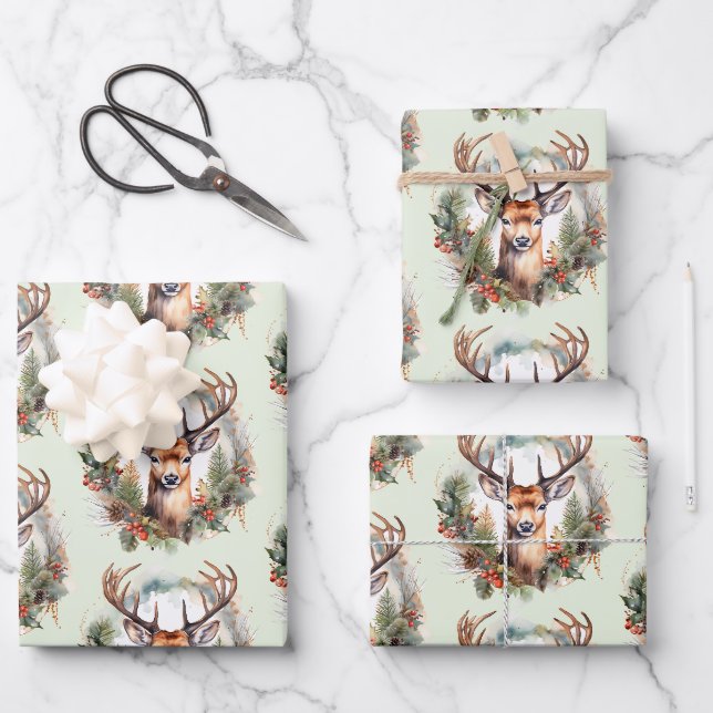 Brown Deer with Antlers Rustic Christmas Pattern Wrapping Paper Sheet (Front)