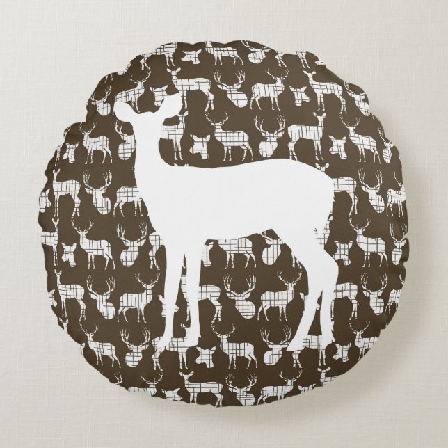 Brown Deer With White Buck and Doe Round Pillow (Front)