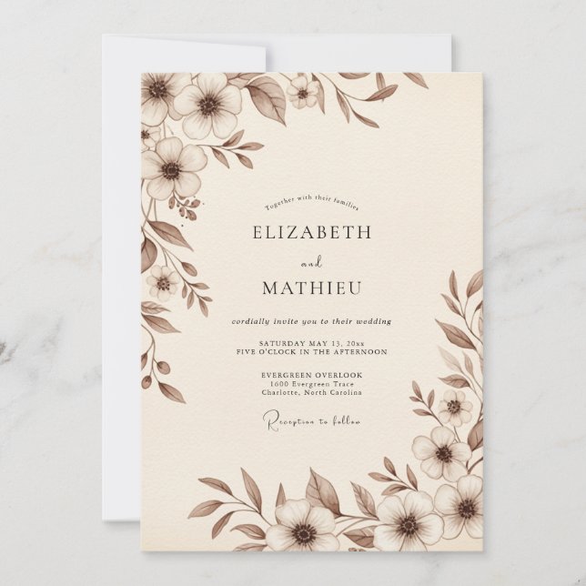 Brown Delicate Botanical Wedding Invitation (Front)