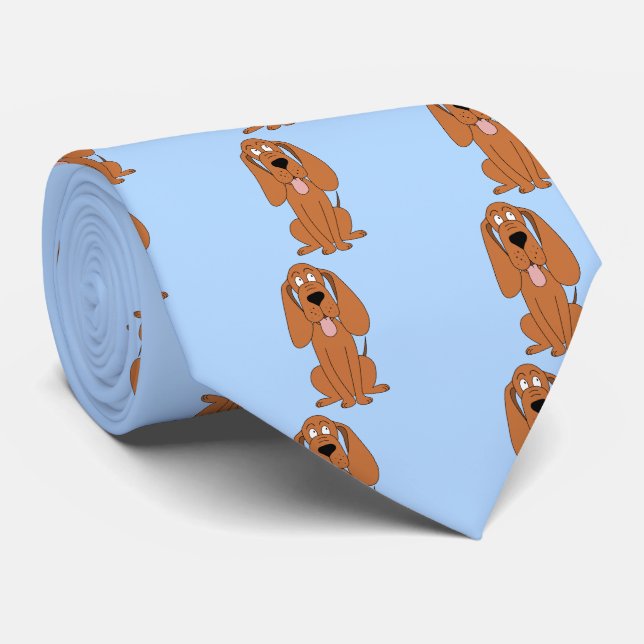 Brown Dog Cartoon on Pastel Blue. Hound Tie (Rolled)