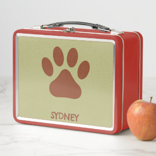 Brown dog paw custom name metal lunch box