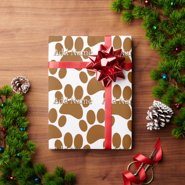 Brown Dog Paw Print Custom Name Wrapping Paper (Holiday Gift)