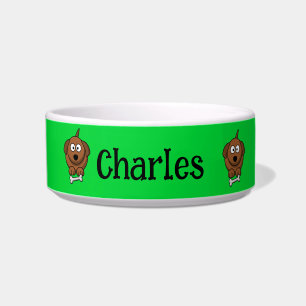 Brown dog with bone personalised on green bowl